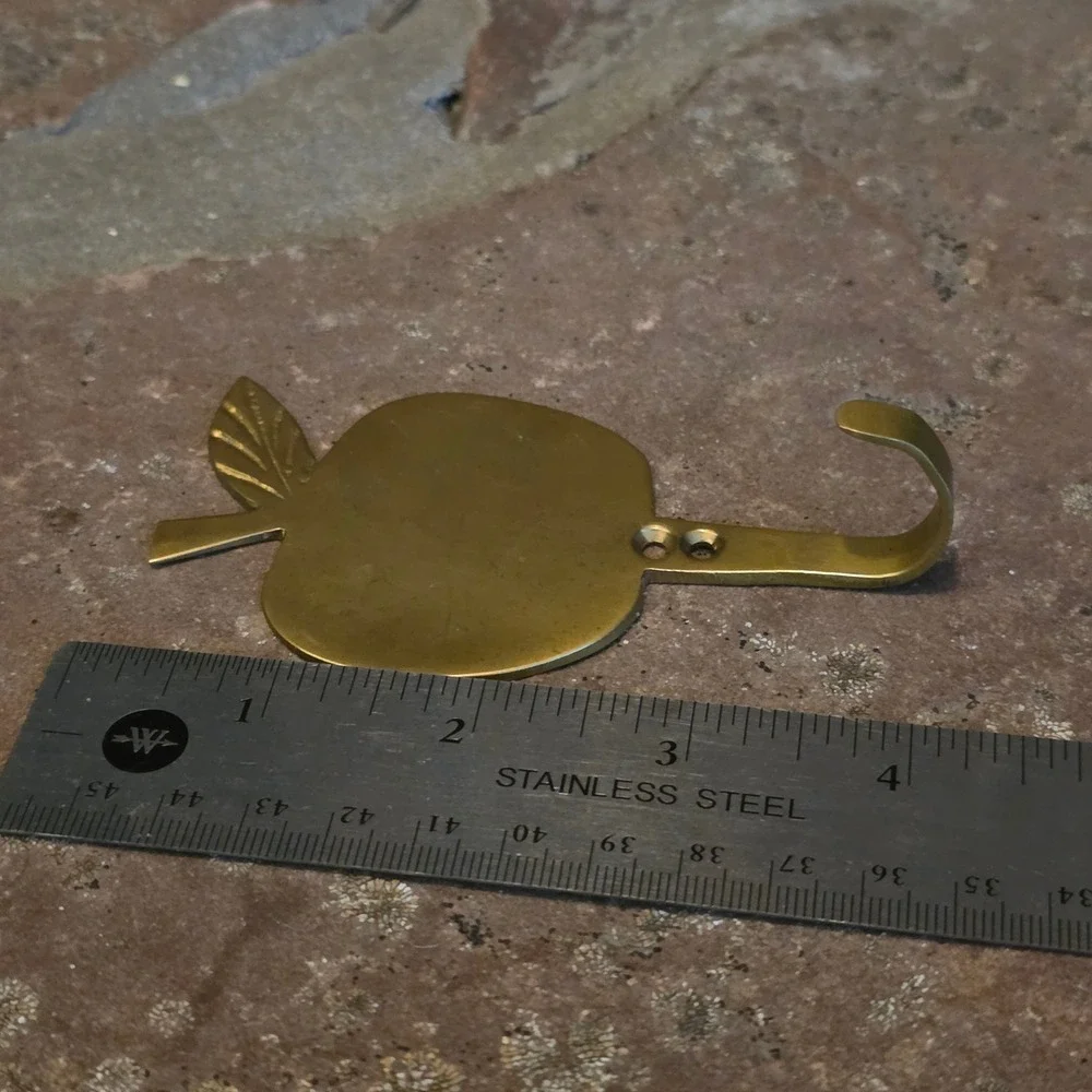 Vintage Solid Brass Apple Wall Hook Gold Fruit Kitchen Towel Key Hanger MCM